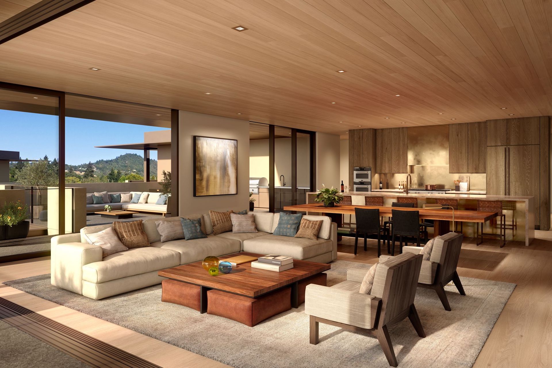 Expansive spaces are created as the indoors flow seamlessly to the outside – with views of Fitch Mountain.