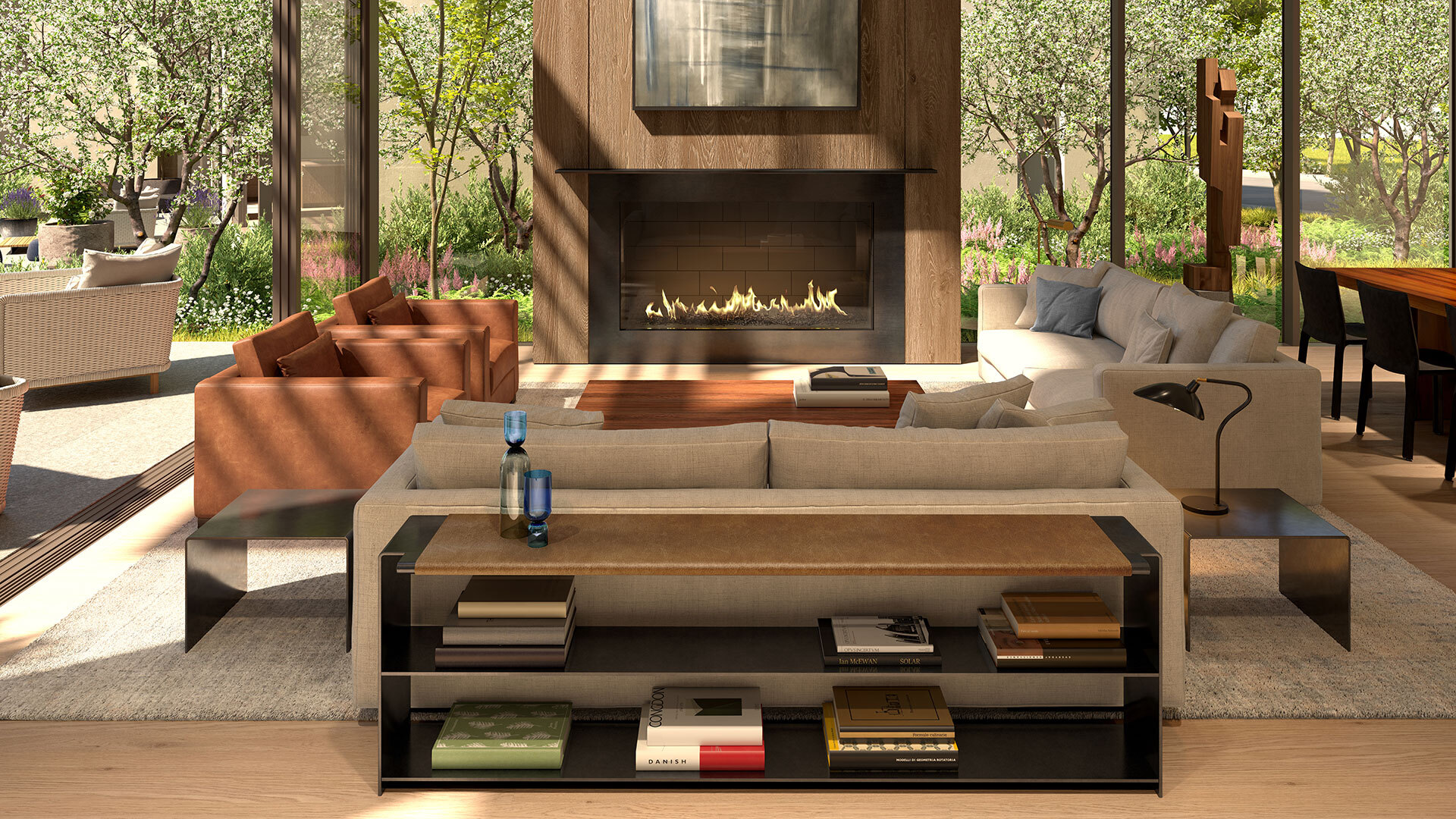Expansive glass provides a distinct connection to the outdoors. Renderings