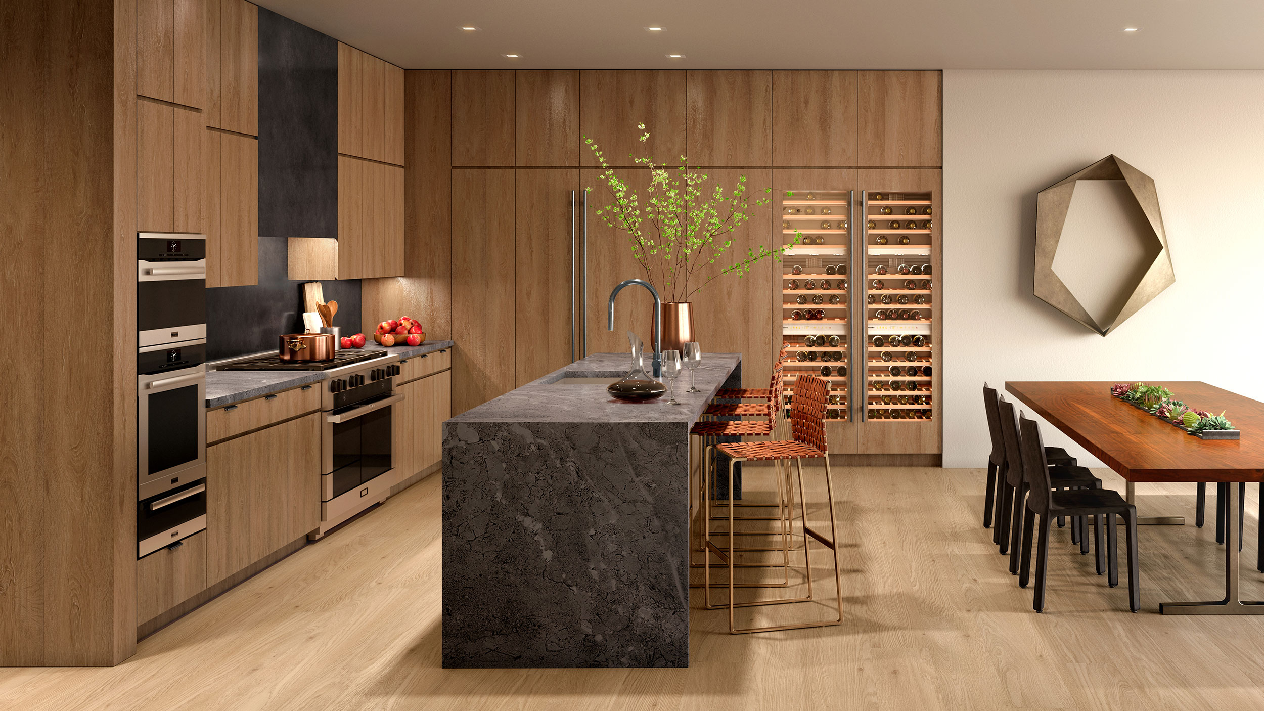 Kitchens feature marble countertops, a Miele appliance package, and wine refrigerators.