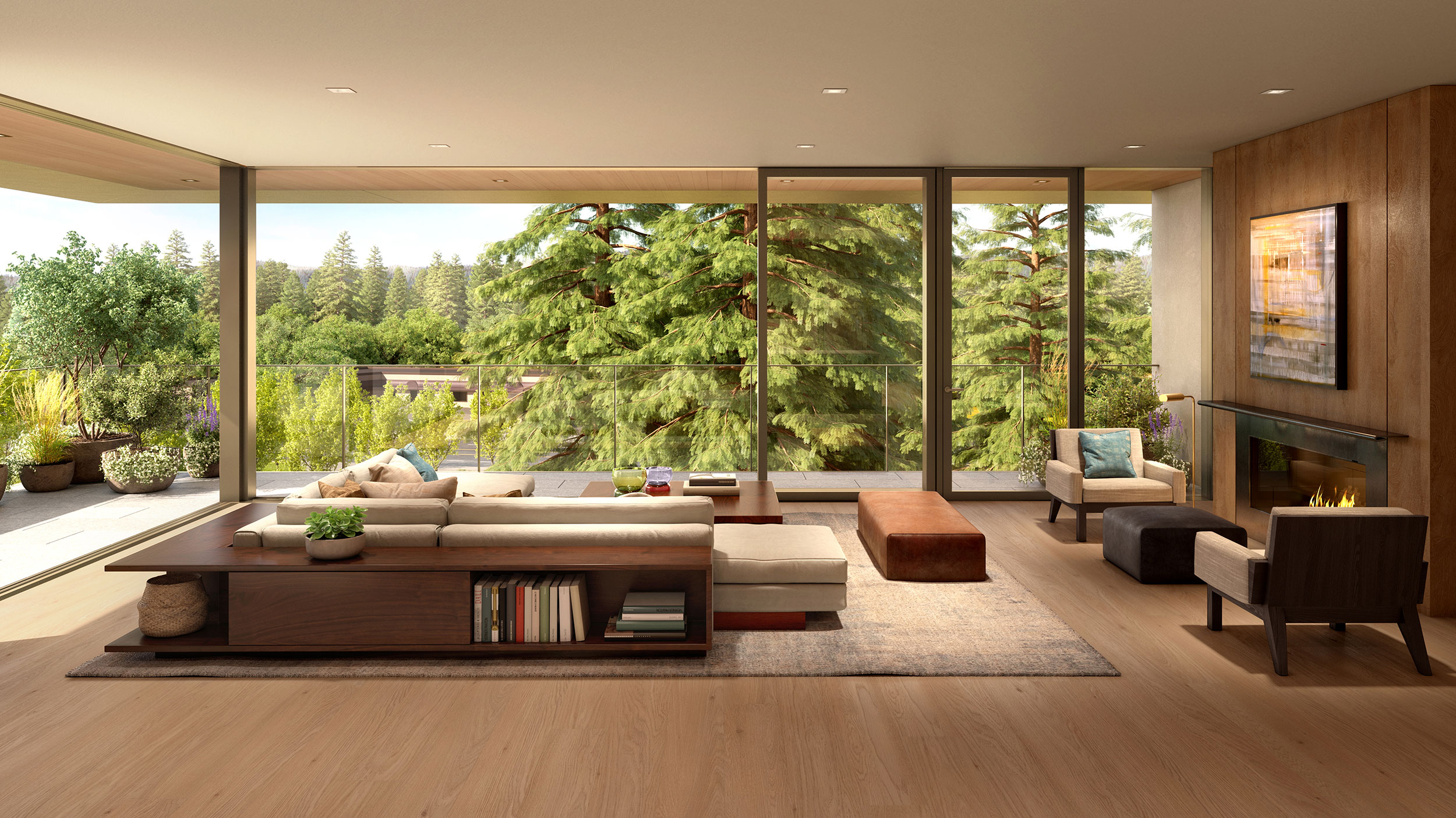 Sliding glass walls provide panoramic views of the redwoods and surrounding landscape.