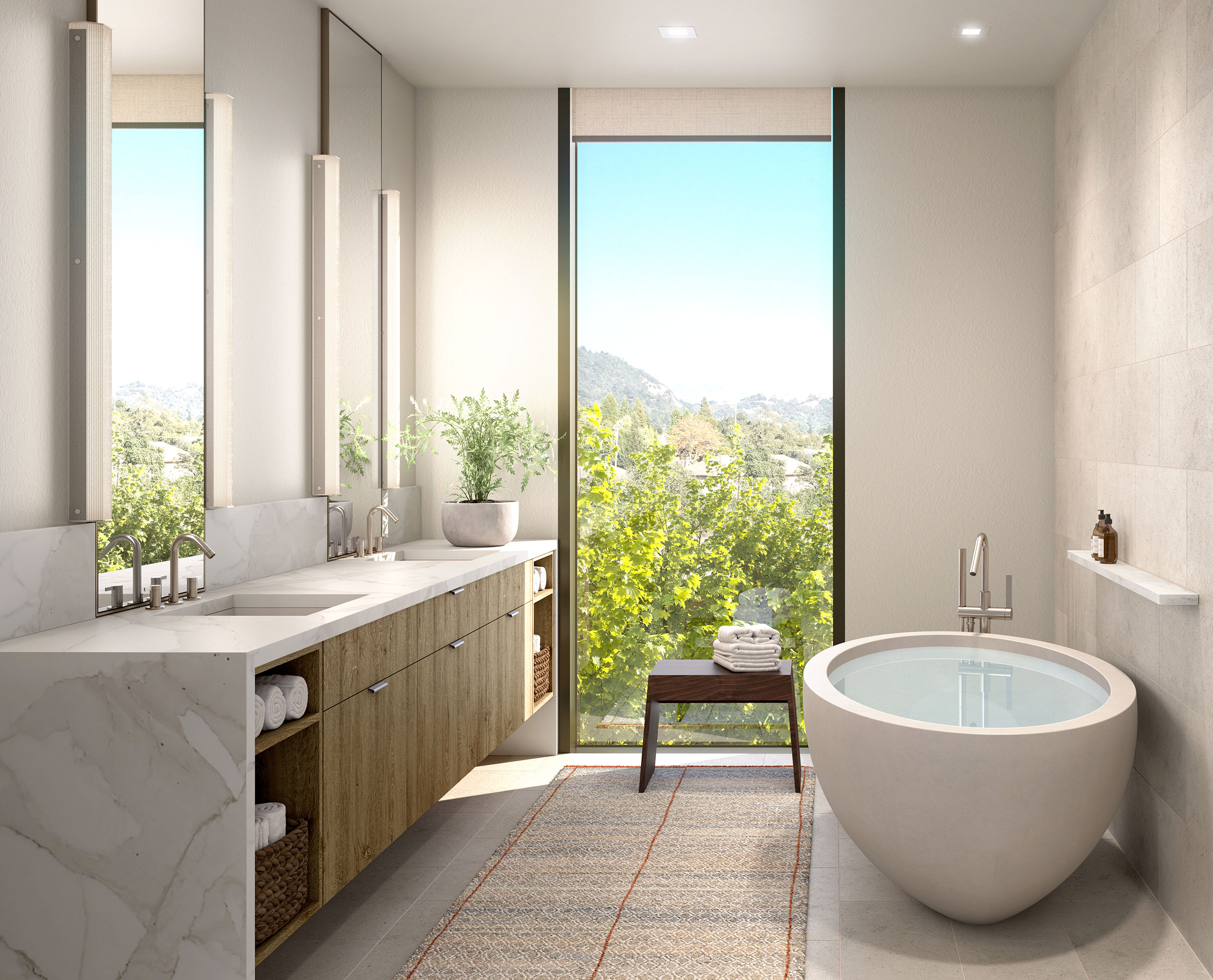 Master bathrooms feature slab walls and marble countertops, a walk-in rain shower, and deep soaking tubs.